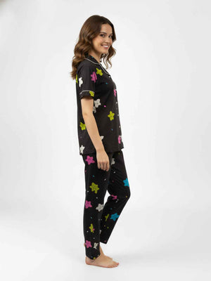 Black Cotton Printed Night Suit- Printed Shirt & Pyjama