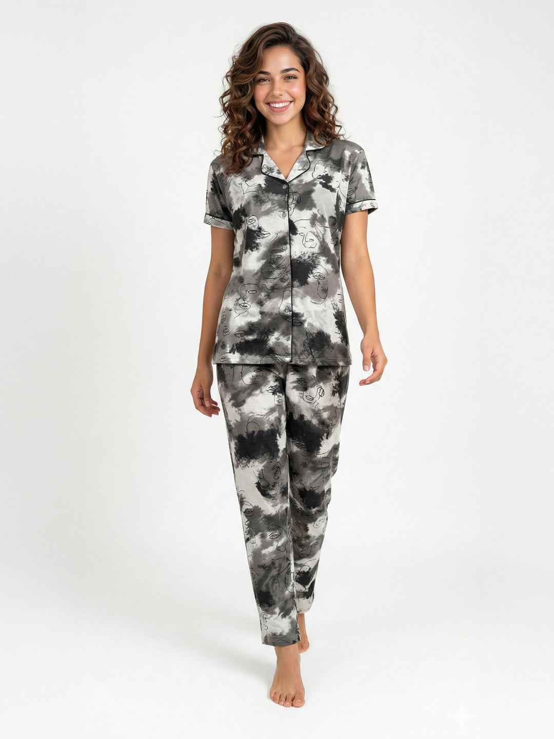 Grey Cotton Printed Night Suit- Printed Shirt & Pyjama