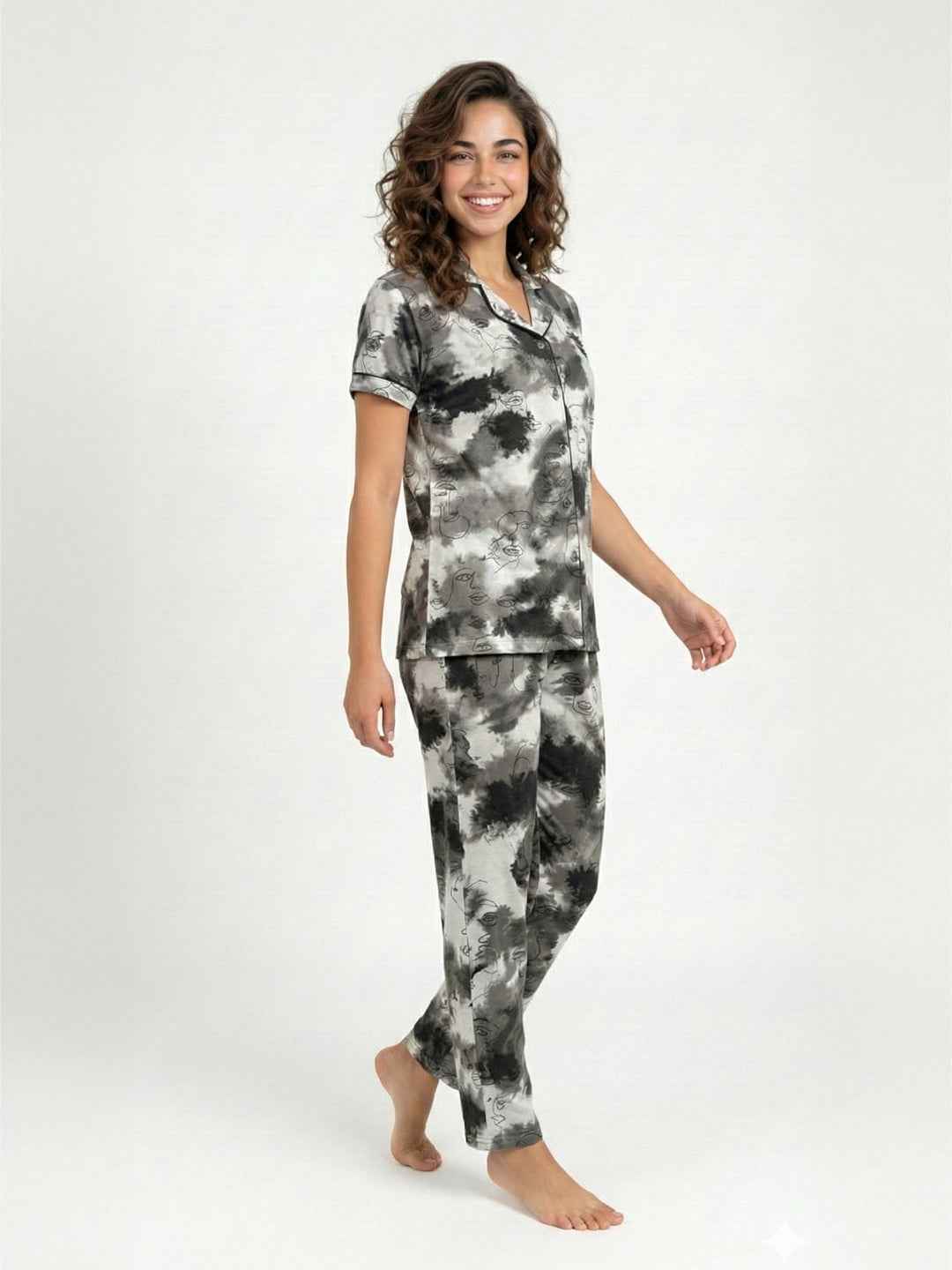 Grey Cotton Printed Night Suit- Printed Shirt & Pyjama