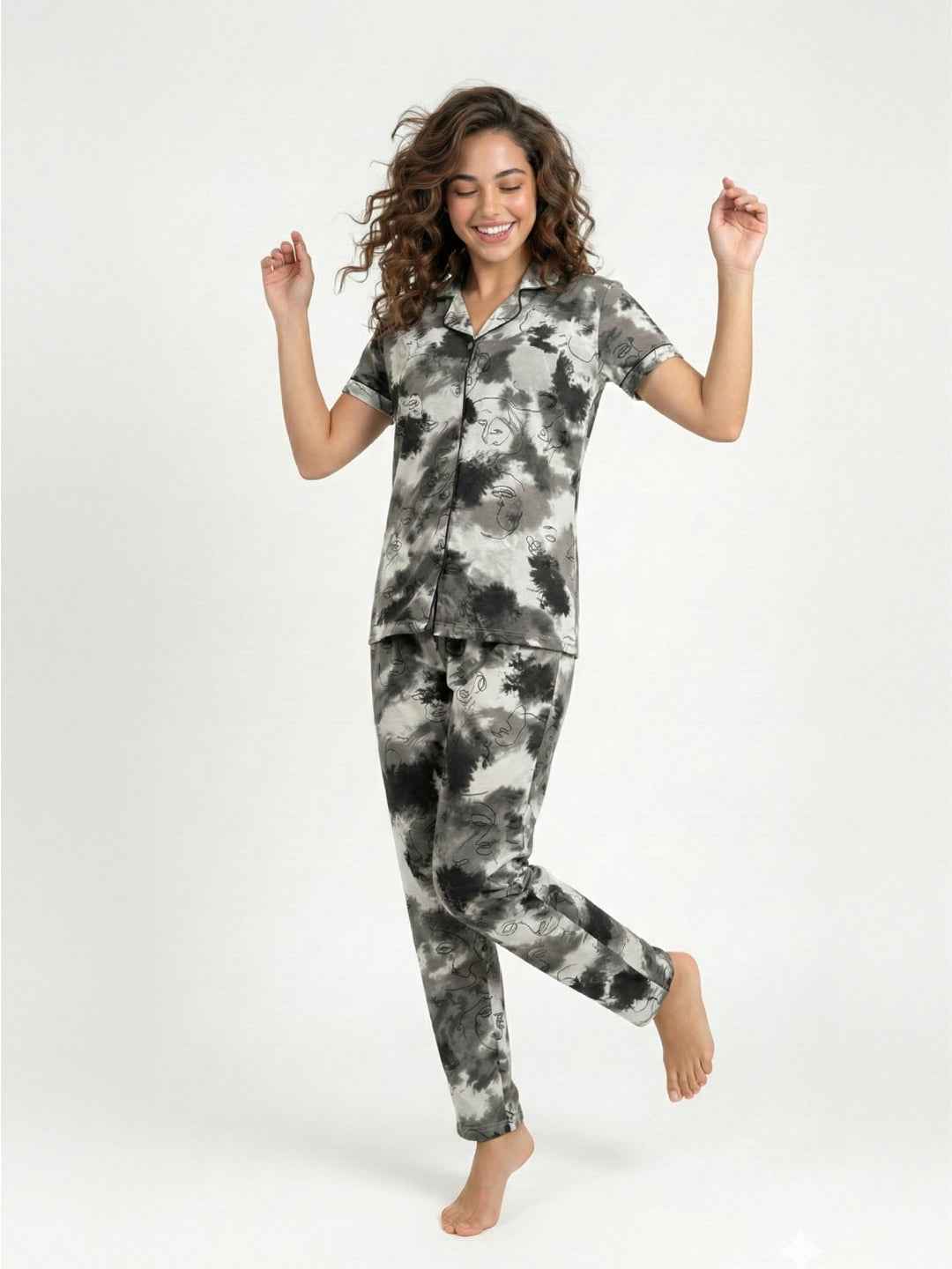Grey Cotton Printed Night Suit- Printed Shirt & Pyjama
