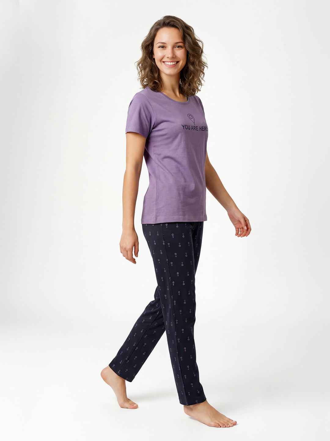 Cotton Night Suit-Purple Top with Navy Printed Pyjama