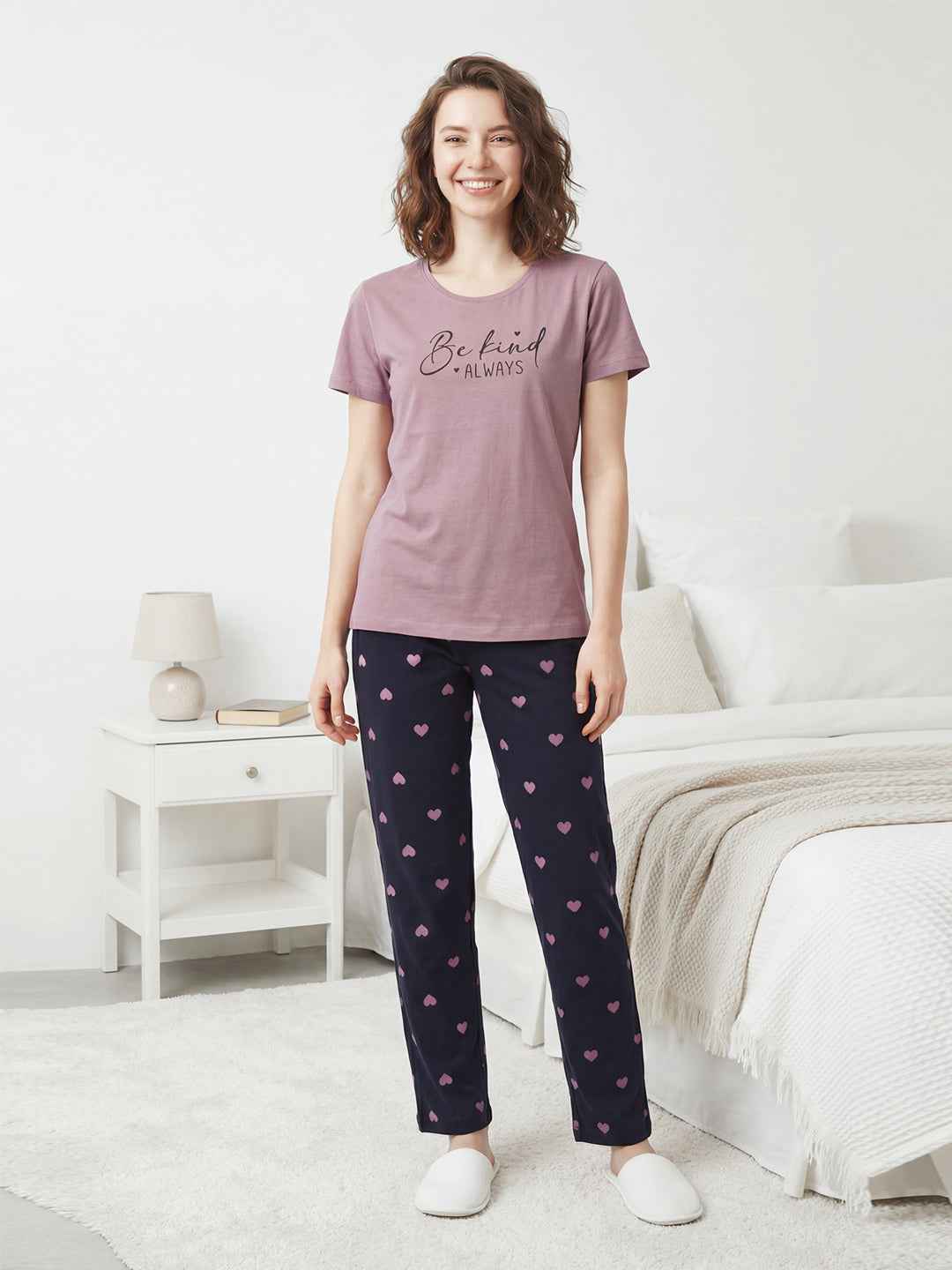 Cotton Night Suit-Pink Top with Navy Printed Pyjama
