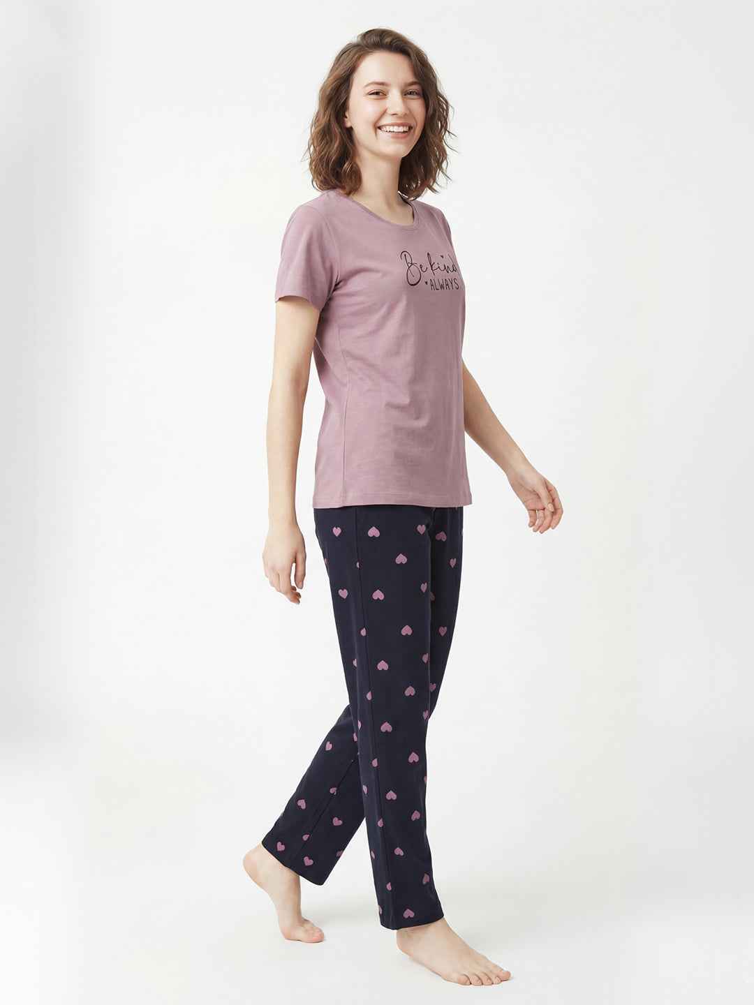Cotton Night Suit-Pink Top with Navy Printed Pyjama