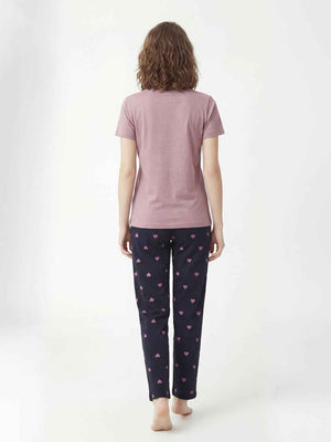 Cotton Night Suit-Pink Top with Navy Printed Pyjama