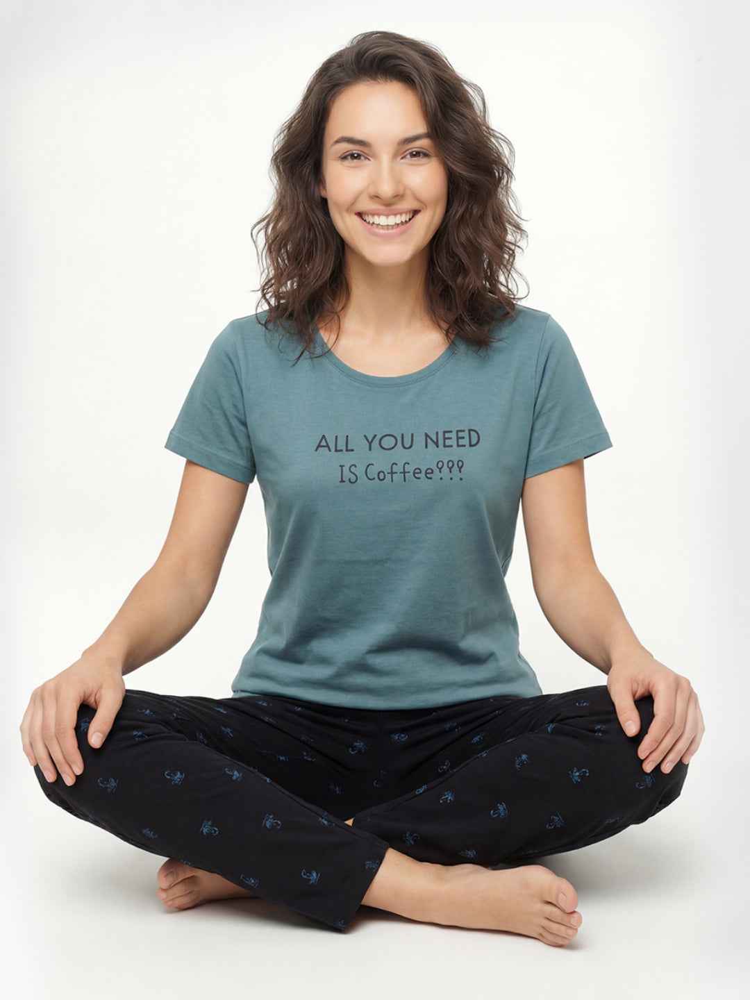 Cotton Night Suit-Blue Top with Black Printed Pyjama