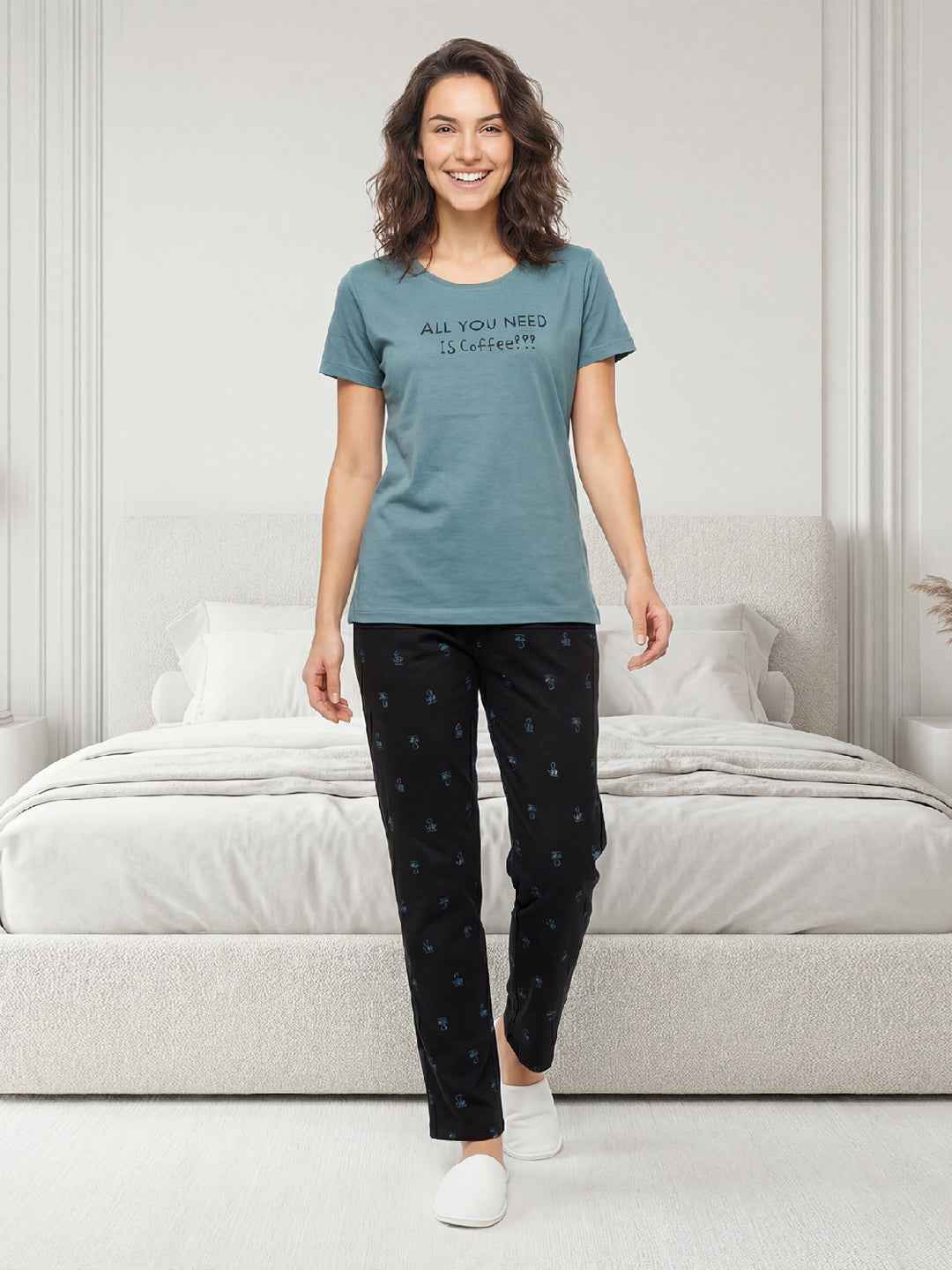 Cotton Night Suit-Blue Top with Black Printed Pyjama