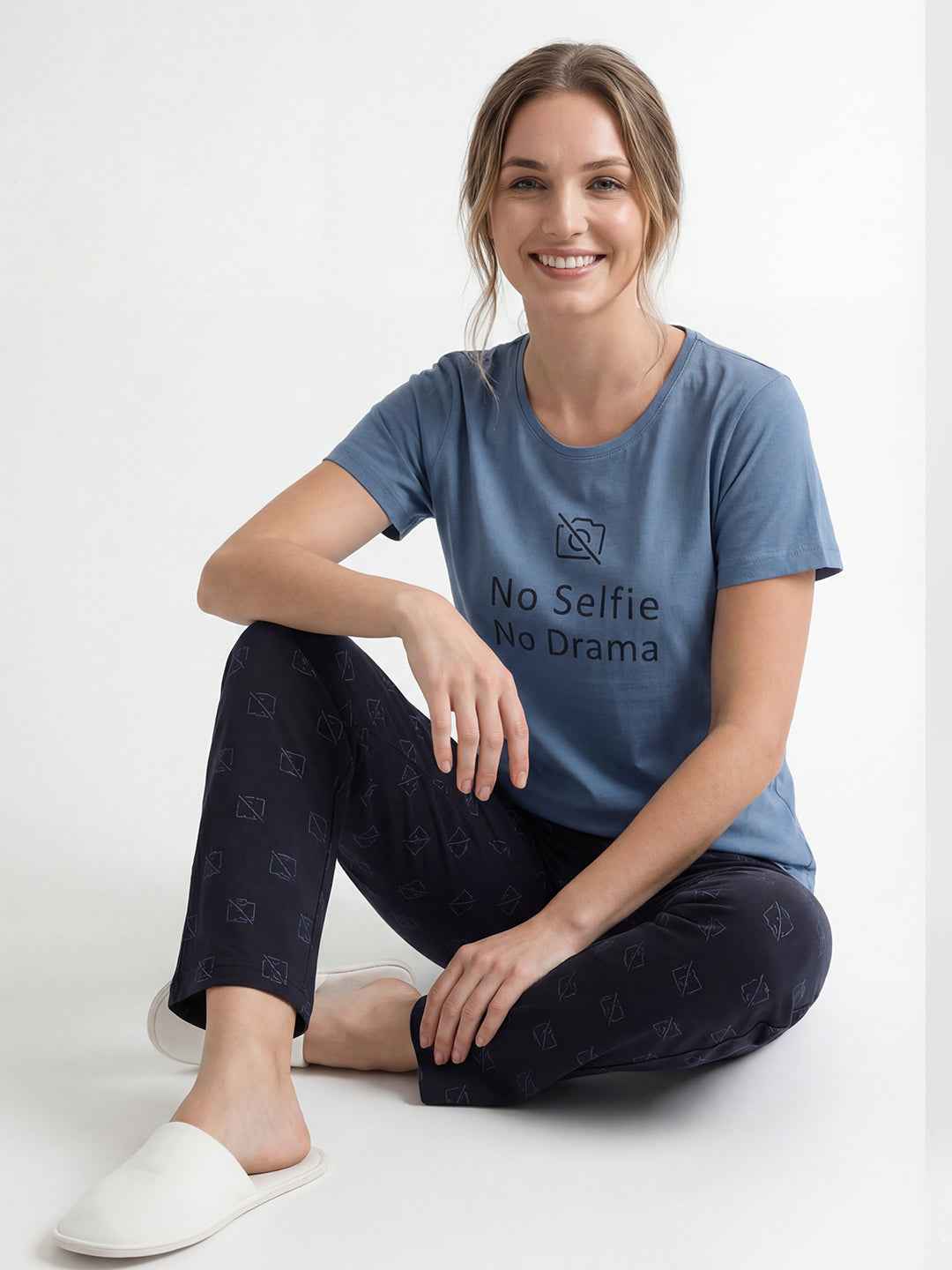 Cotton Night Suit-Blue Top with Navy Printed Pyjama