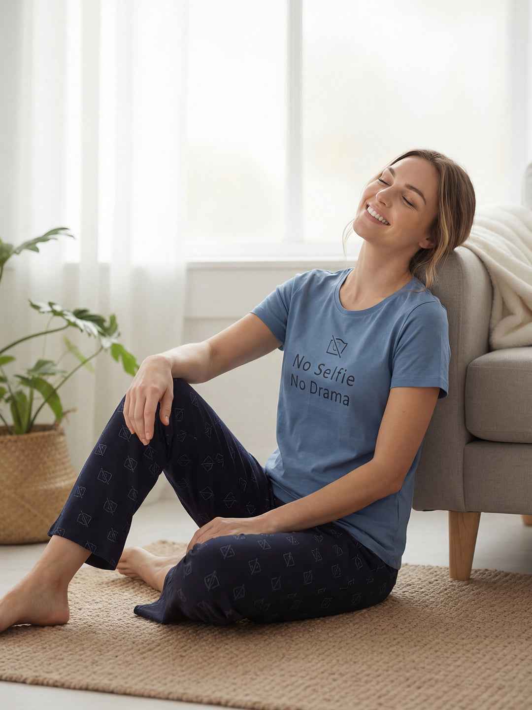 Cotton Night Suit-Blue Top with Navy Printed Pyjama