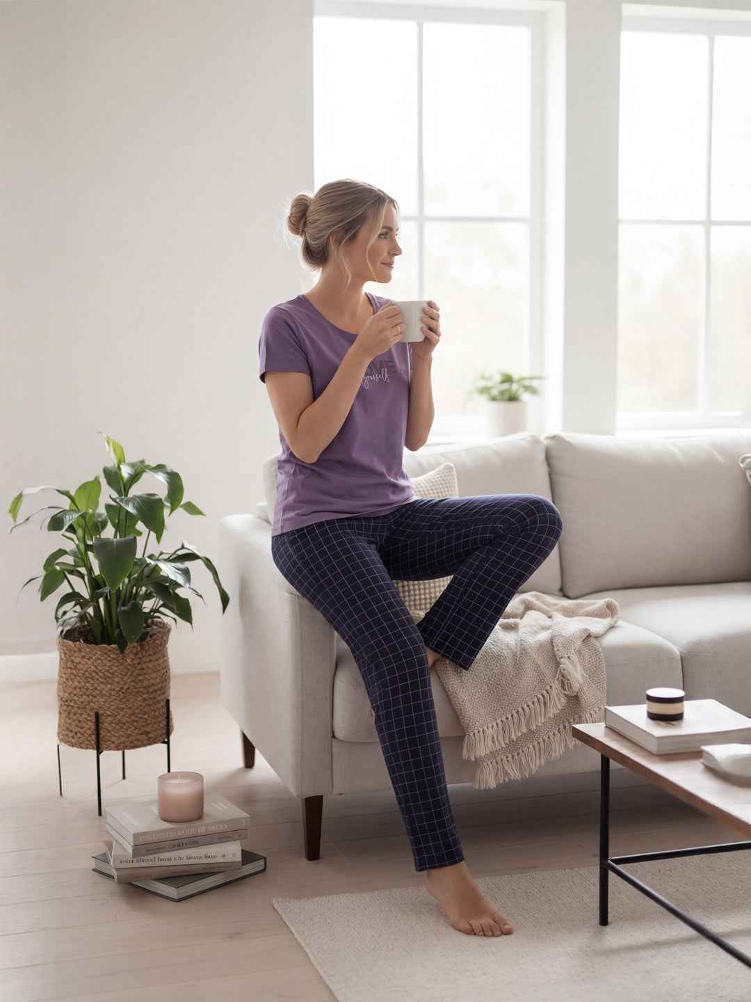 Cotton Night Suit-Purple Top with Navy Blue Printed Pyjama