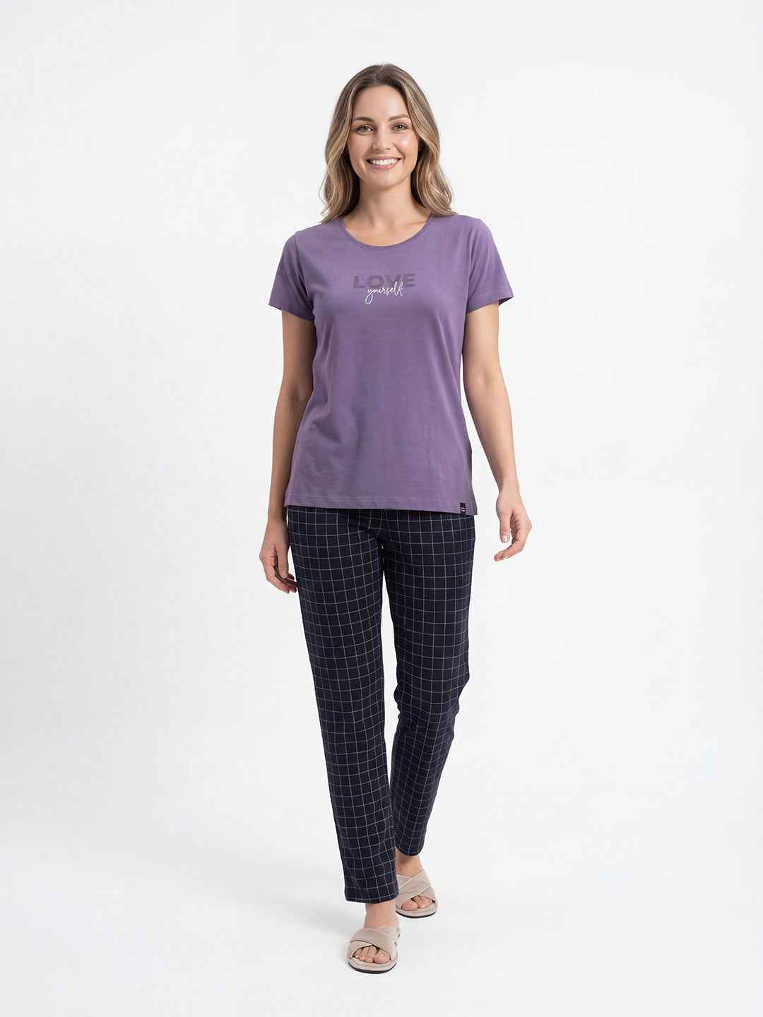 Cotton Night Suit-Purple Top with Navy Blue Printed Pyjama