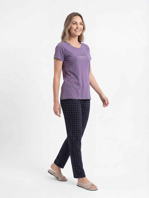 Cotton Night Suit-Purple Top with Navy Blue Printed Pyjama
