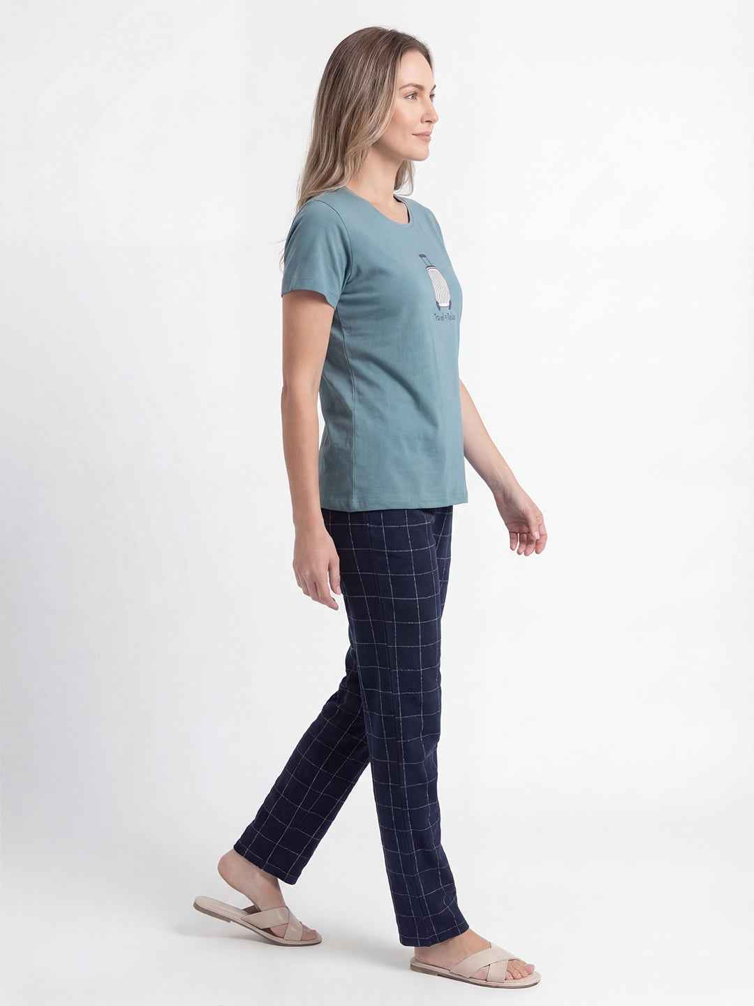Cotton Night Suit-Blue Top with Navy Blue Checks Pyjama