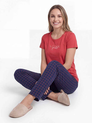 Cotton Night Suit-Red Top with Navy Blue Checks Pyjama
