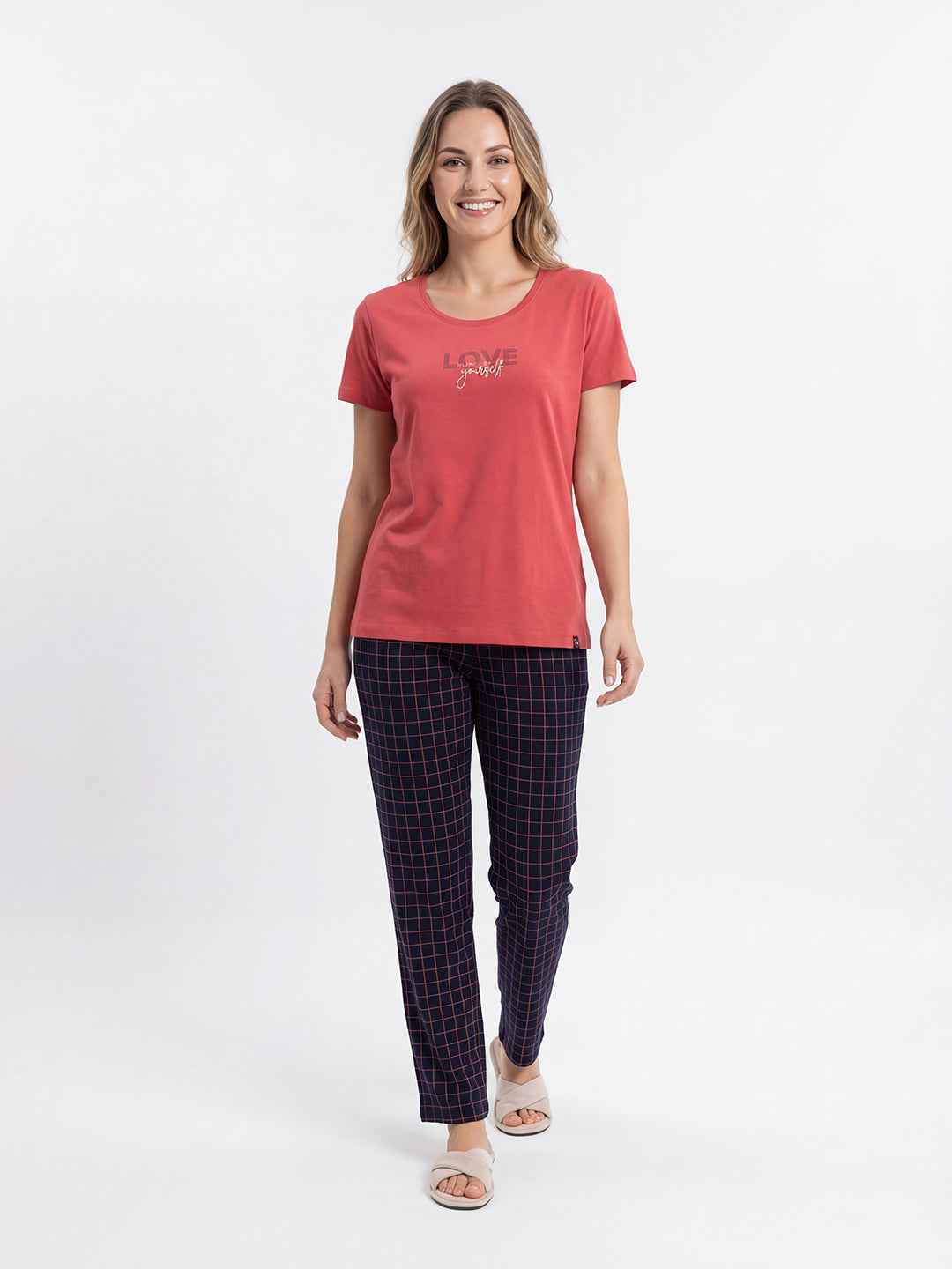 Cotton Night Suit-Red Top with Navy Blue Checks Pyjama