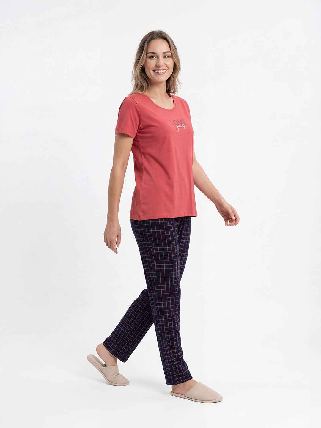 Cotton Night Suit-Red Top with Navy Blue Checks Pyjama