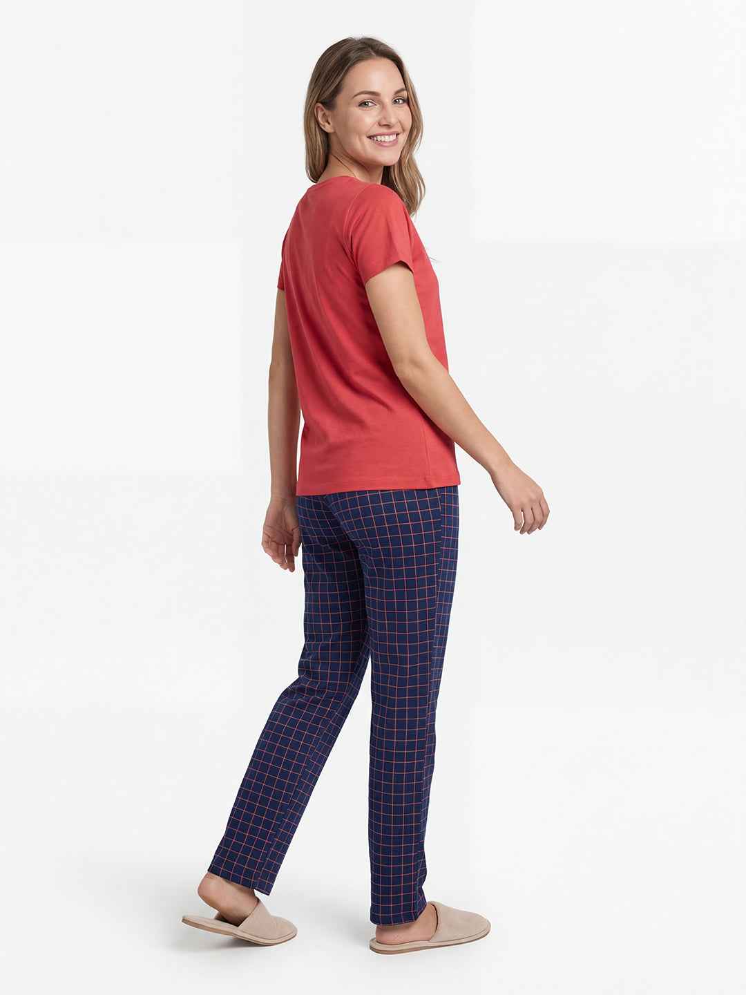 Cotton Night Suit-Red Top with Navy Blue Checks Pyjama