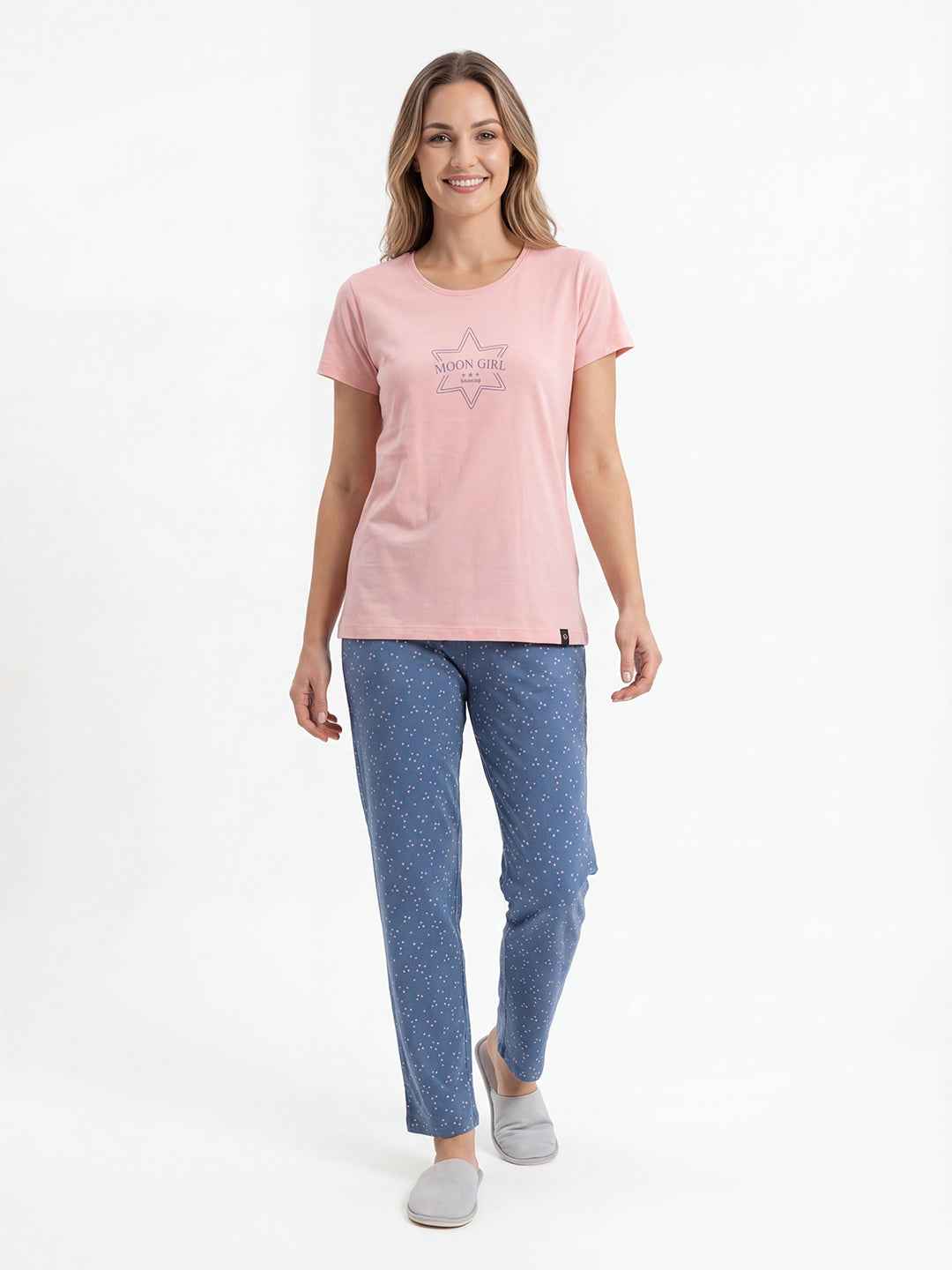 Cotton Night Suit-Pink Top with Blue Printed Pyjama