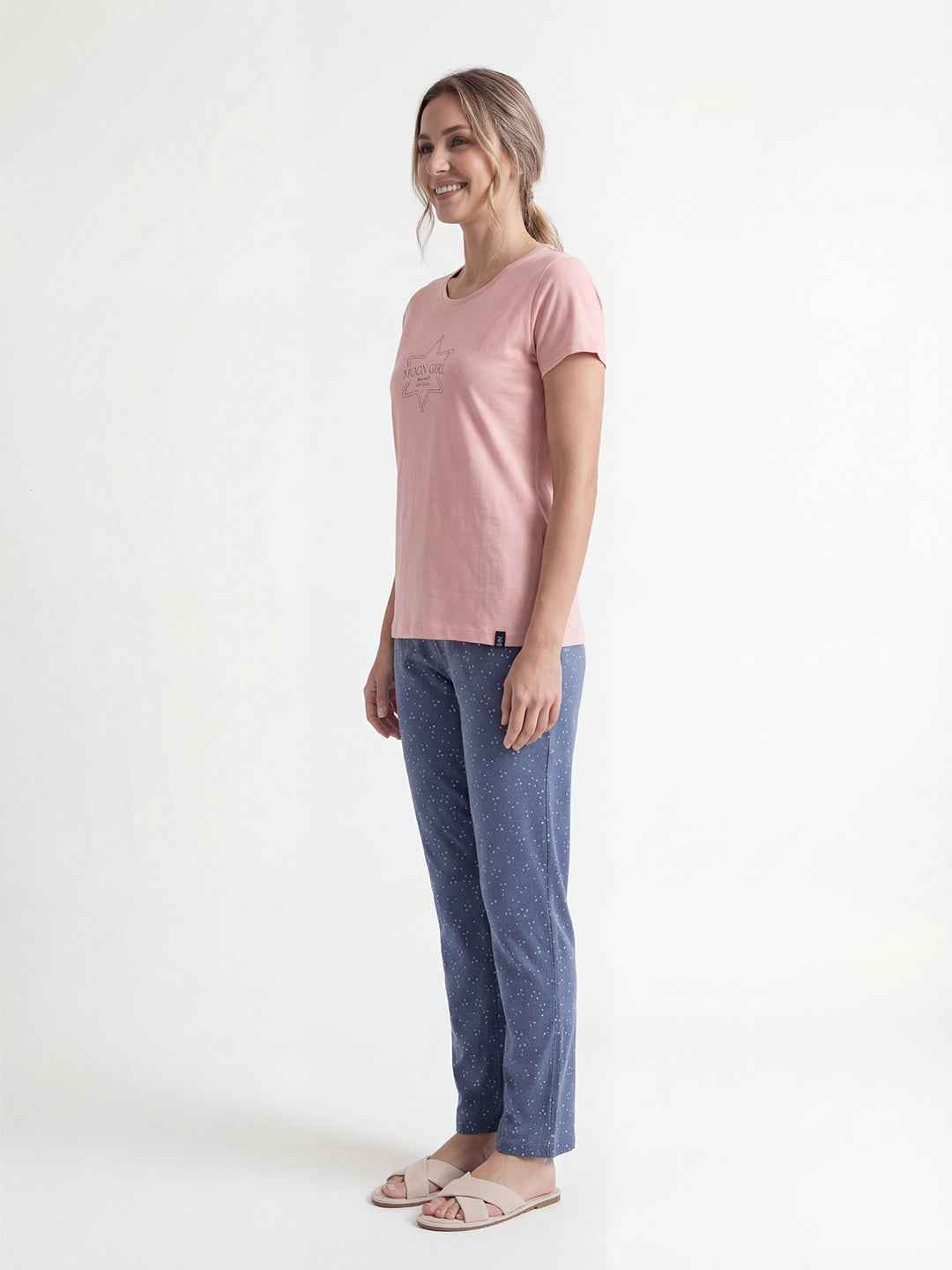 Cotton Night Suit-Pink Top with Blue Printed Pyjama