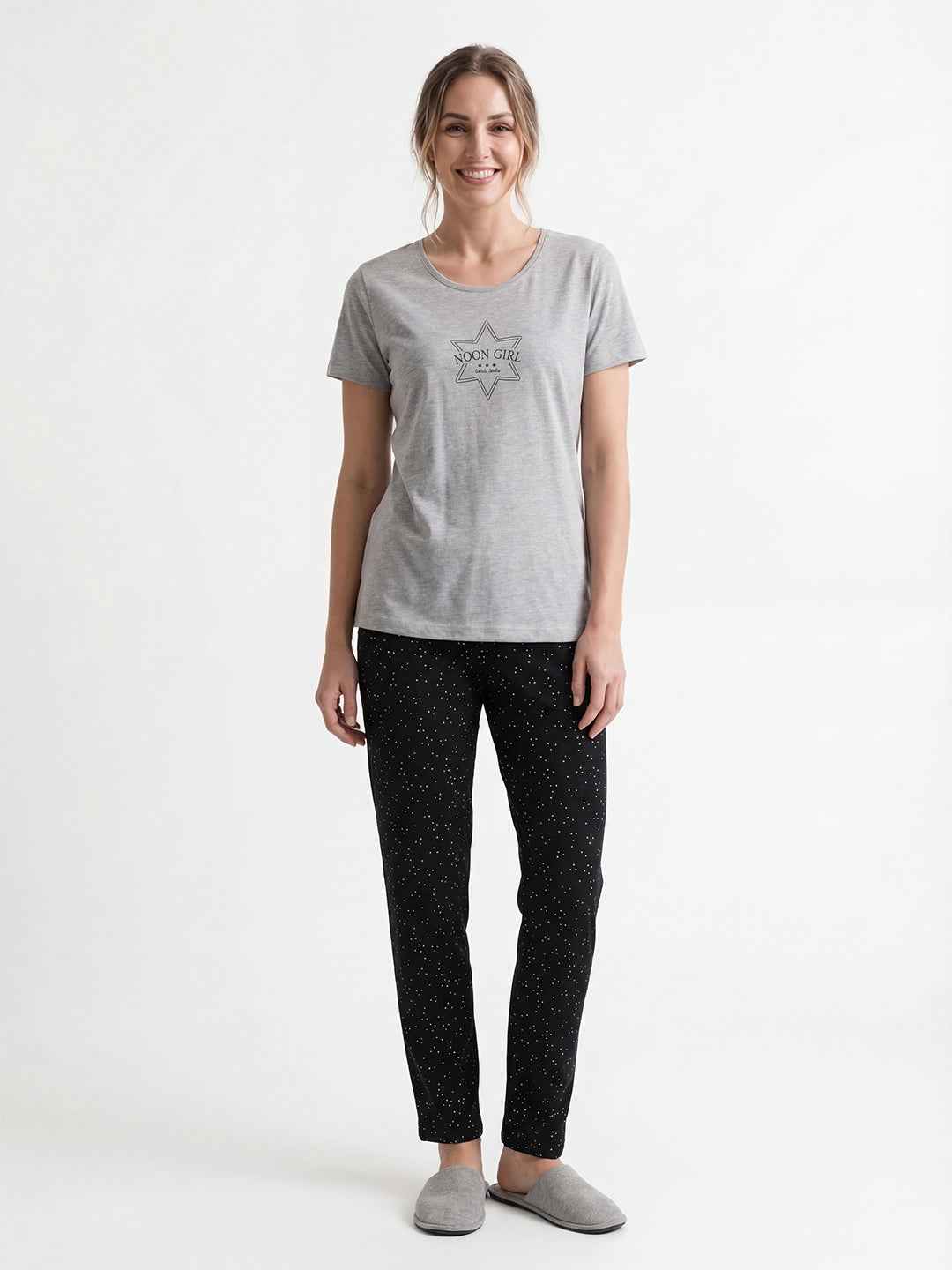 Cotton Night Suit-Grey Top with black Printed Pyjama