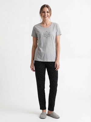Cotton Night Suit-Grey Top with black Printed Pyjama