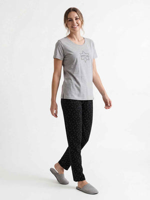 Cotton Night Suit-Grey Top with black Printed Pyjama