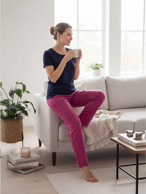 Cotton Night Suit-Navy Blue Top with Pink Printed Pyjama