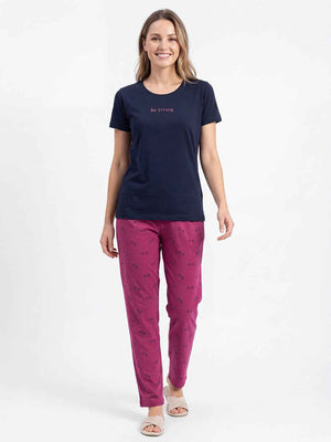 Cotton Night Suit-Navy Blue Top with Pink Printed Pyjama