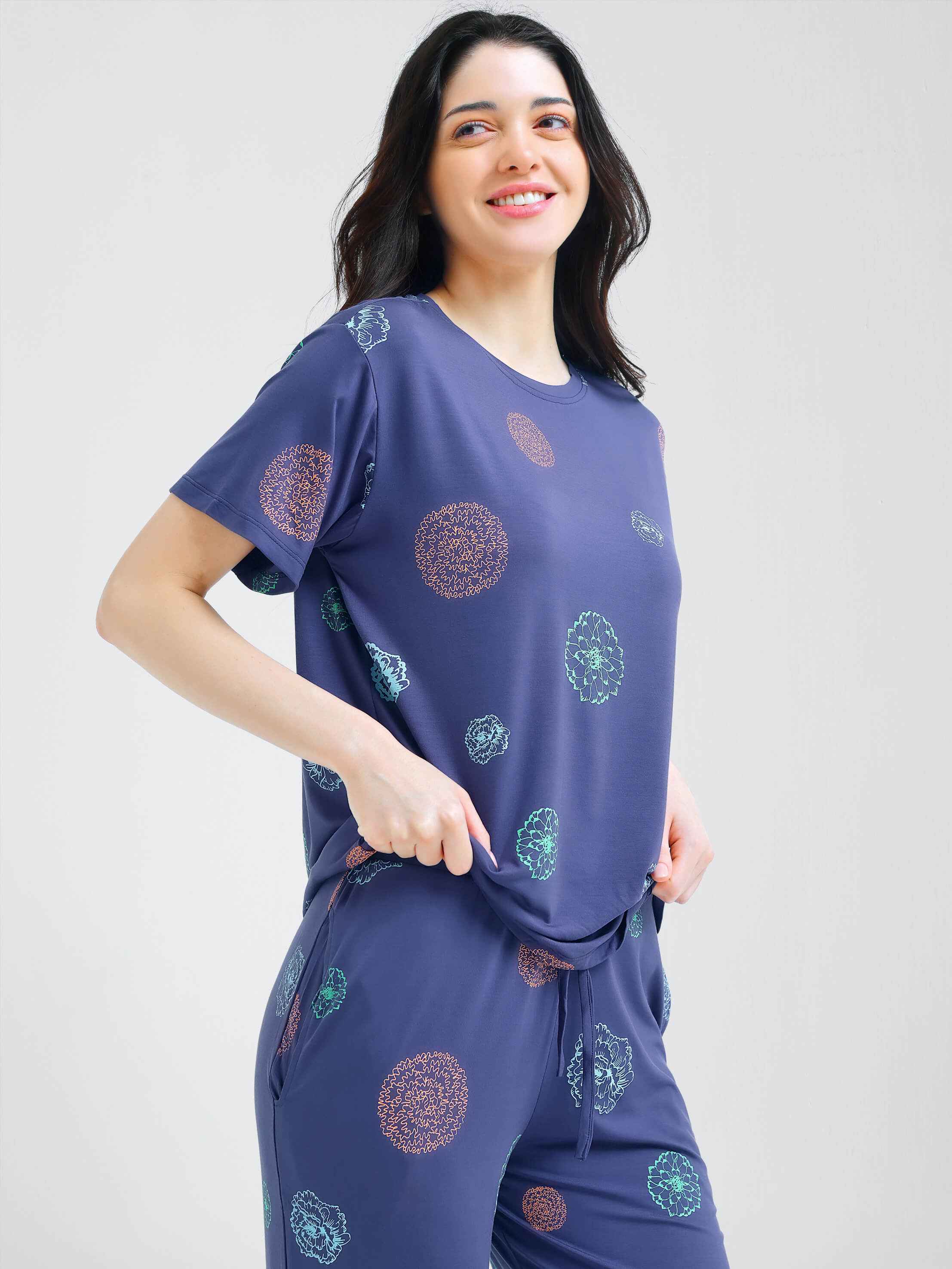 Blue Floral Print Modal Night Suit