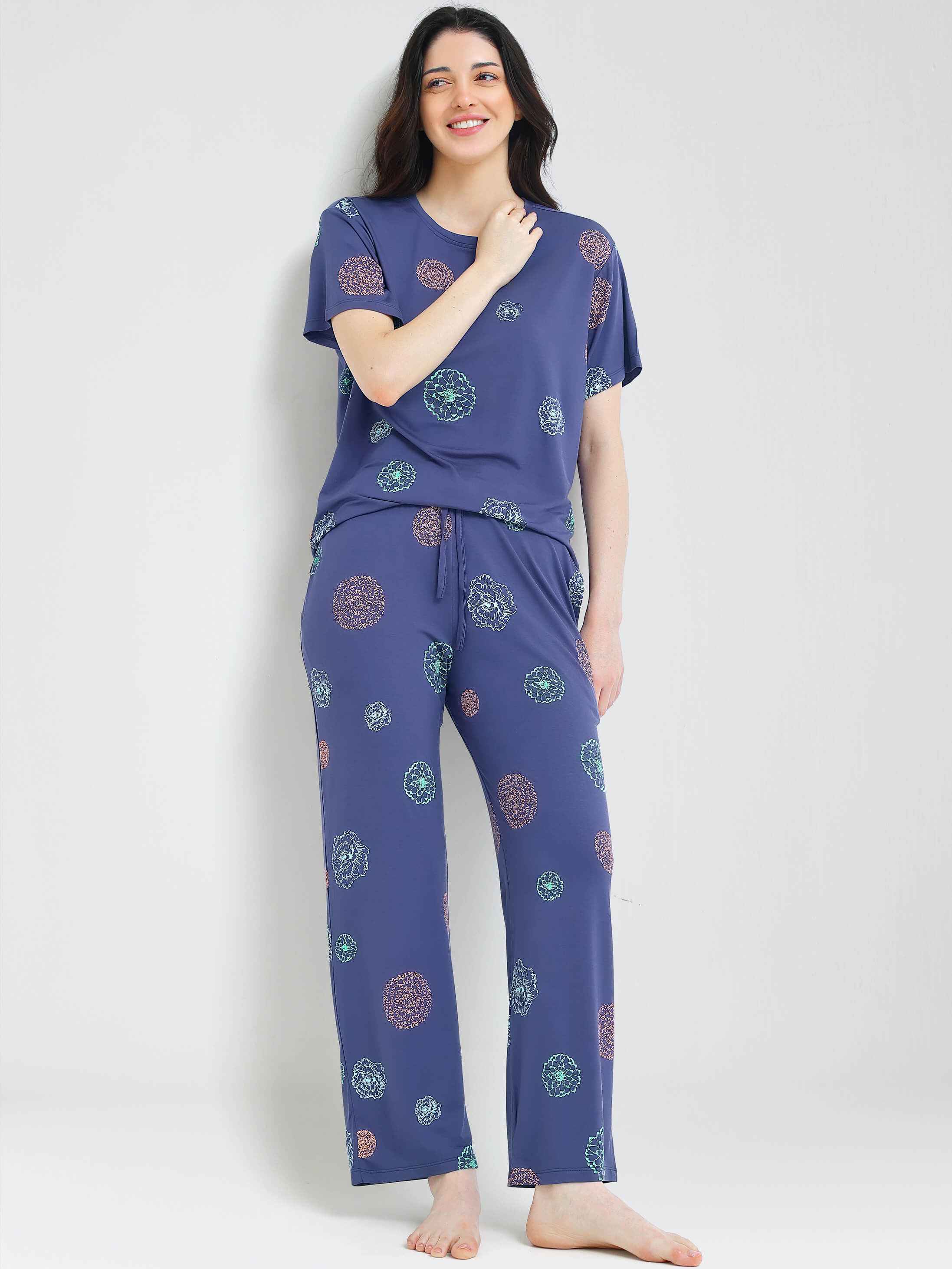 Blue Floral Print Modal Night Suit