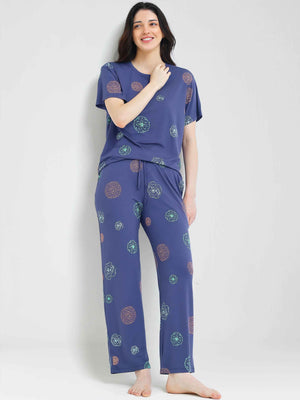 Blue Floral Print Modal Night Suit