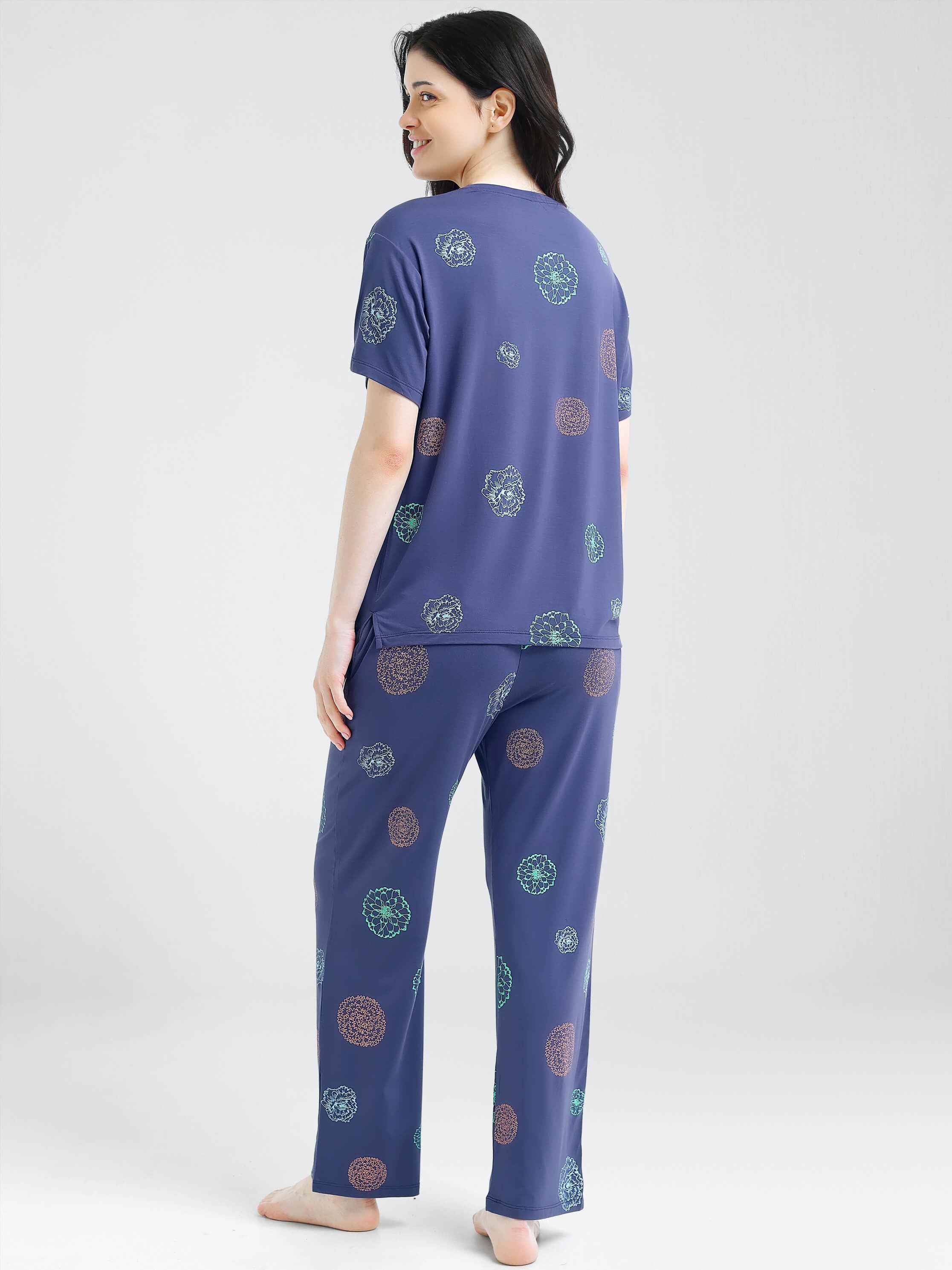 Blue Floral Print Modal Night Suit