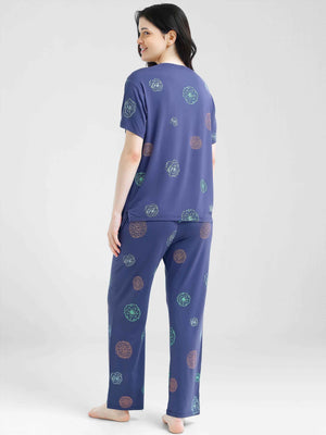 Blue Floral Print Modal Night Suit