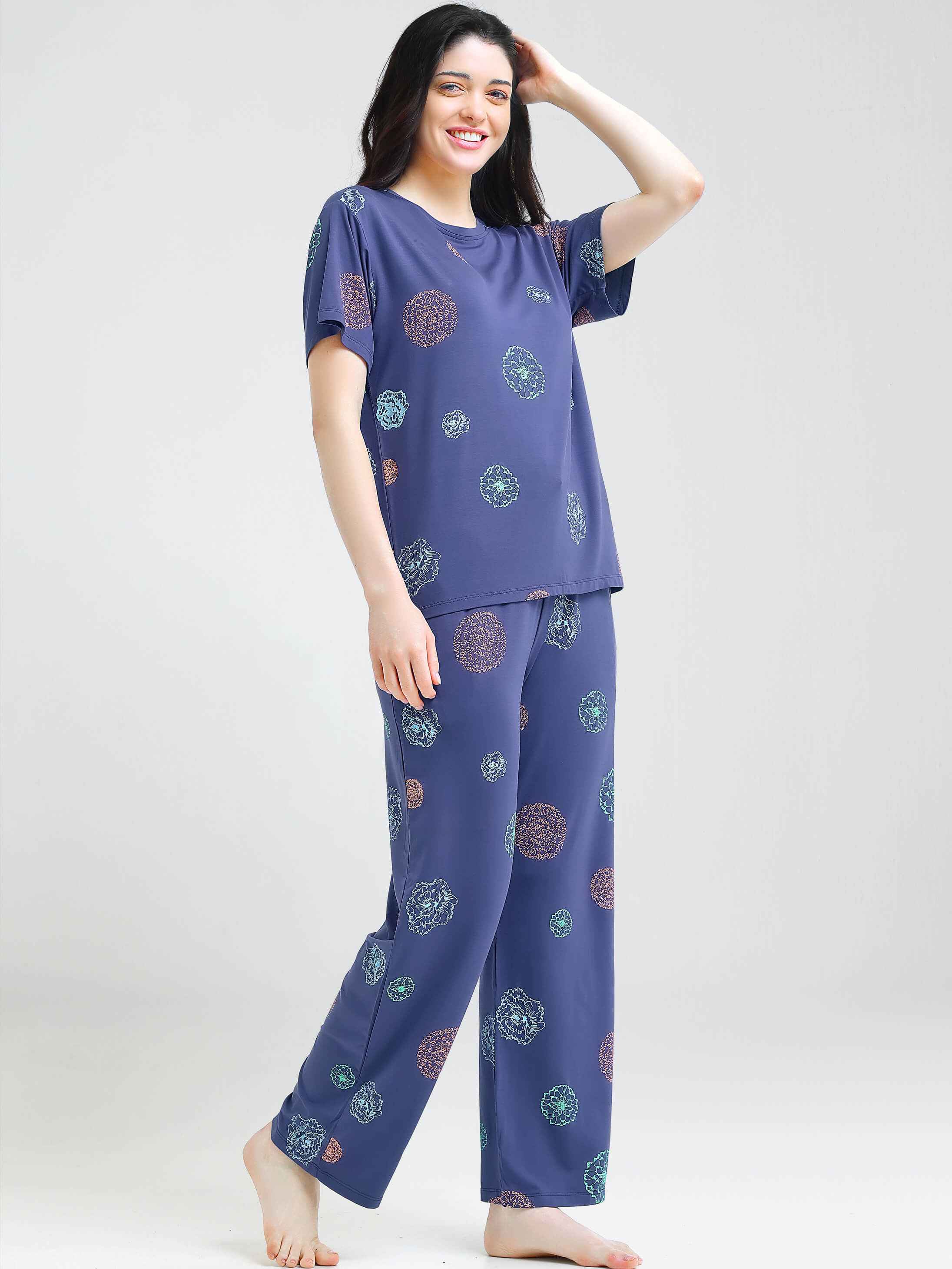 Blue Floral Print Modal Night Suit