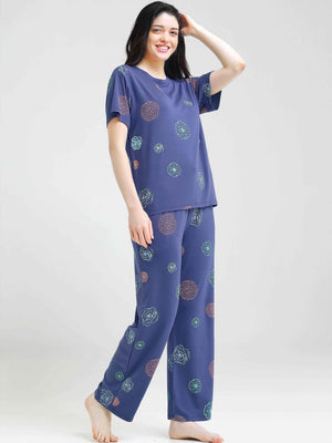 Blue Floral Print Modal Night Suit