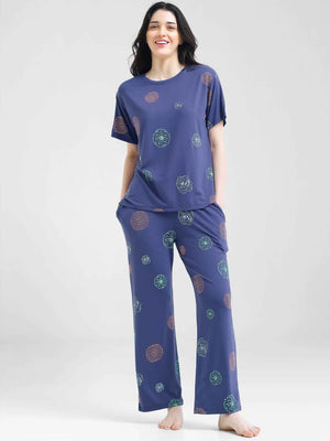 Blue Floral Print Modal Night Suit